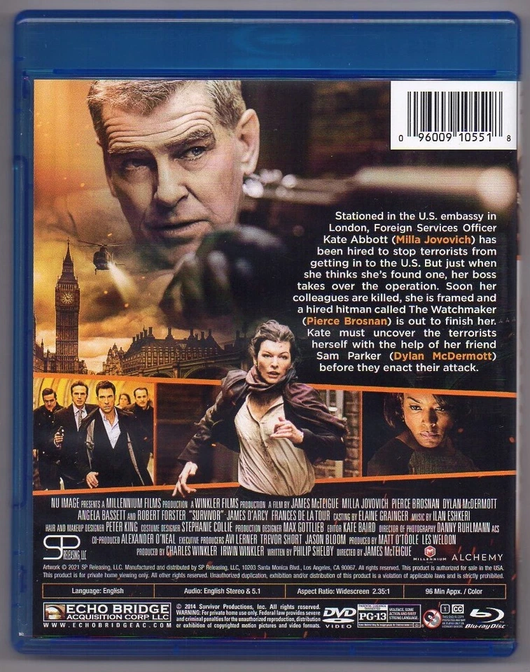 Survivor 2014 / 2015 / 2021 Blu-Ray / DVD Combo / Milla Jovovich Pierce Brosnan - Image 2 of 2