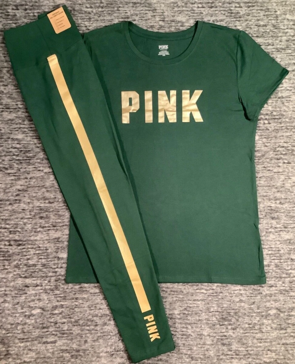 Victoria's Secret Pink SS Tee Shirt + Leggings Set Satin Green Gold Foil L  XL