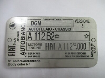 Typenschild id-plate Chassis FIAT autobianchi 112 B2 112B2 Schild S60 Serie 5