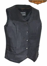 Women's Motorcycle Leather Vest, Black - Button Snap Closure M, L,XL,2XL,3XL,4XL