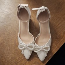 White Satin Pumps with Pearl Bow, Ankle Strap, Buckle Closure, Pointed Toe