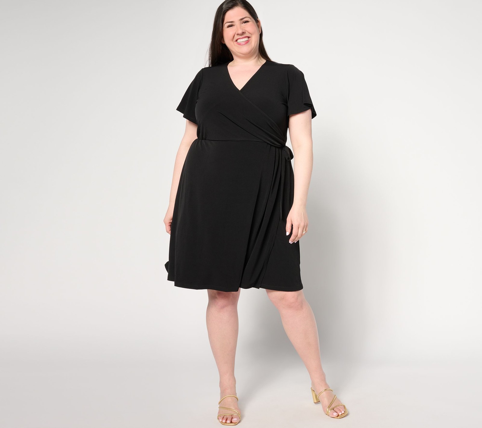 Susan Graver Women's Dress Sz L Liquid Knit Faux Wrap Black A646282