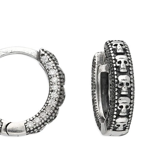 Orecchini Huggie Hoop Skull Da Uomo In Argento Sterling 925 Con Marchio - Immagine 2 di 4