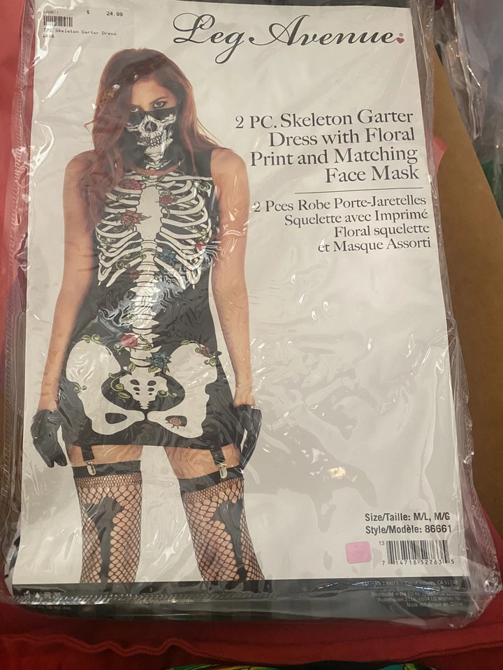 Vestido liguero esqueleto con estampado floral y máscara facial. Leg Avenue Talla ML. Foto 4 de 4
