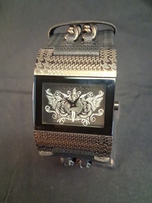 VINTAGE Marc Ecko Biker Cuff Watch - Tattoo Heart Wings Dagger - Black Leather