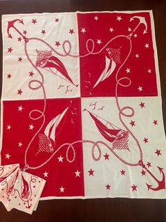 Vintage 1950s NAUTICAL PRINTED Tablecloth RED WHITE w3 NAPKINS ANCHORS SAILBOATS