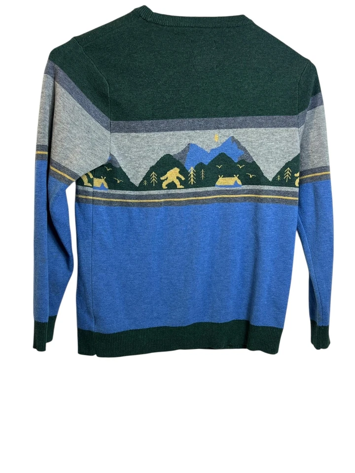 KAVU Sweater Mens Large Green Blue Gray Mountain Bigfoot Sasquatch Camp Knit - Image 3 of 4