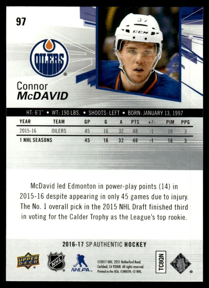 2016-17 SP AUTHENTIC Connor McDavid Edmonton Oilers #97 - Image 2 of 2