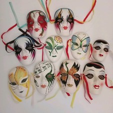 Collection of 10 Mardi Gras Ceramic Face Mask Wall Hangings Hand Painted Decor