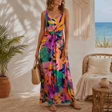 Soma Twist Waist Maxi Bra Dress Paradise Palms Tropical Print L NWT Boho Beach
