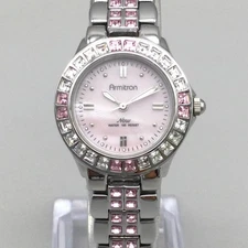 Armitron Now Watch Womens 27mm Silver Tone Pink Crystals New Battery 6.75"
