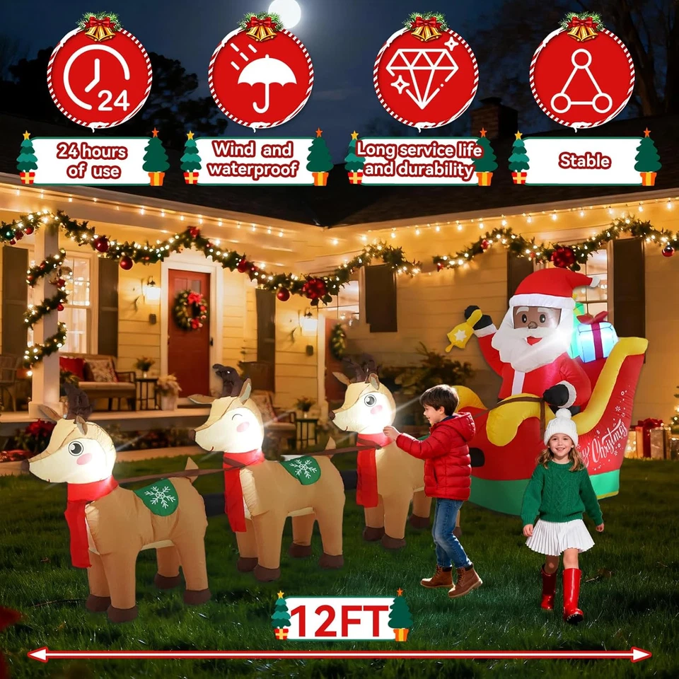 Inflables de Navidad 12 pies Trineo de Papá Noel Negro 2025 NUEVO LED Decoración Exterior Foto 3 de 4