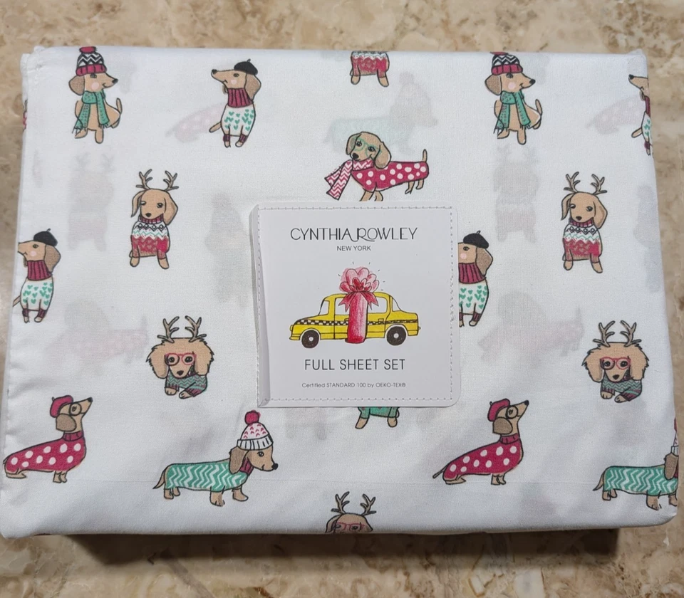 ¡Nuevo! Cynthia Rowley - Juego completo de sábanas de 4 piezas - Perros Dachshund de Navidad en suéteres Foto 2 de 4