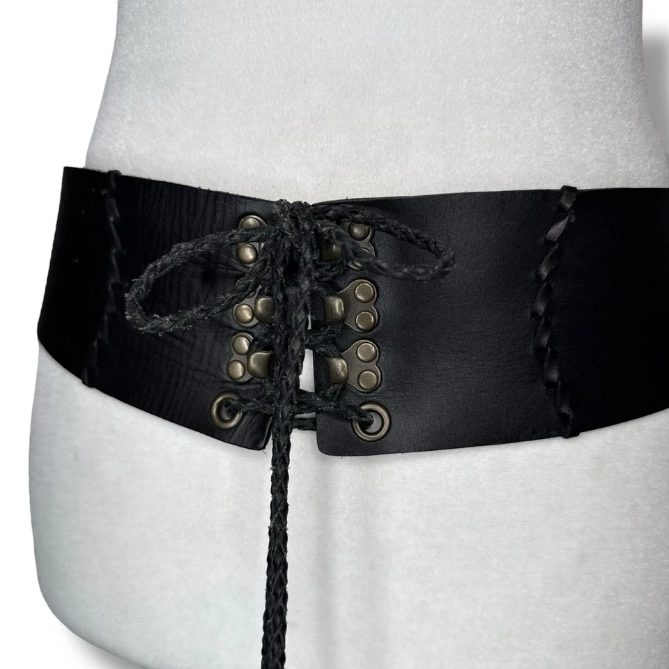 Cinturón de cintura corsé de cuero negro hecho a mano Linea Pelle vintage 38 ancho con cordones Foto 2 de 4