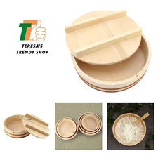 Natural Wooden 10.6-Inch Hangiri Sushi Rice Bowl with Lid – Reusable Chef Tool