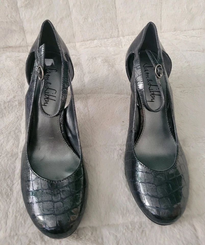 Zapatos de tacón Sam & Libby talla 9M gris plata estampado de cocodrilo para mujer Mary Jane Foto 3 de 4