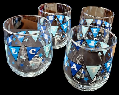 4 Piece Set Of Crate & Barrel Glassware ''C-E-L-E-B-R-A-T-E'' Light Blue & White