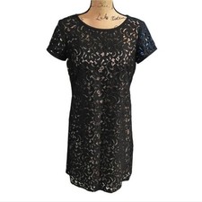 Loft Lace Tunic Mini Dress Black/ Beige Lined Cap Sleeve Drawstring Tie Back 4