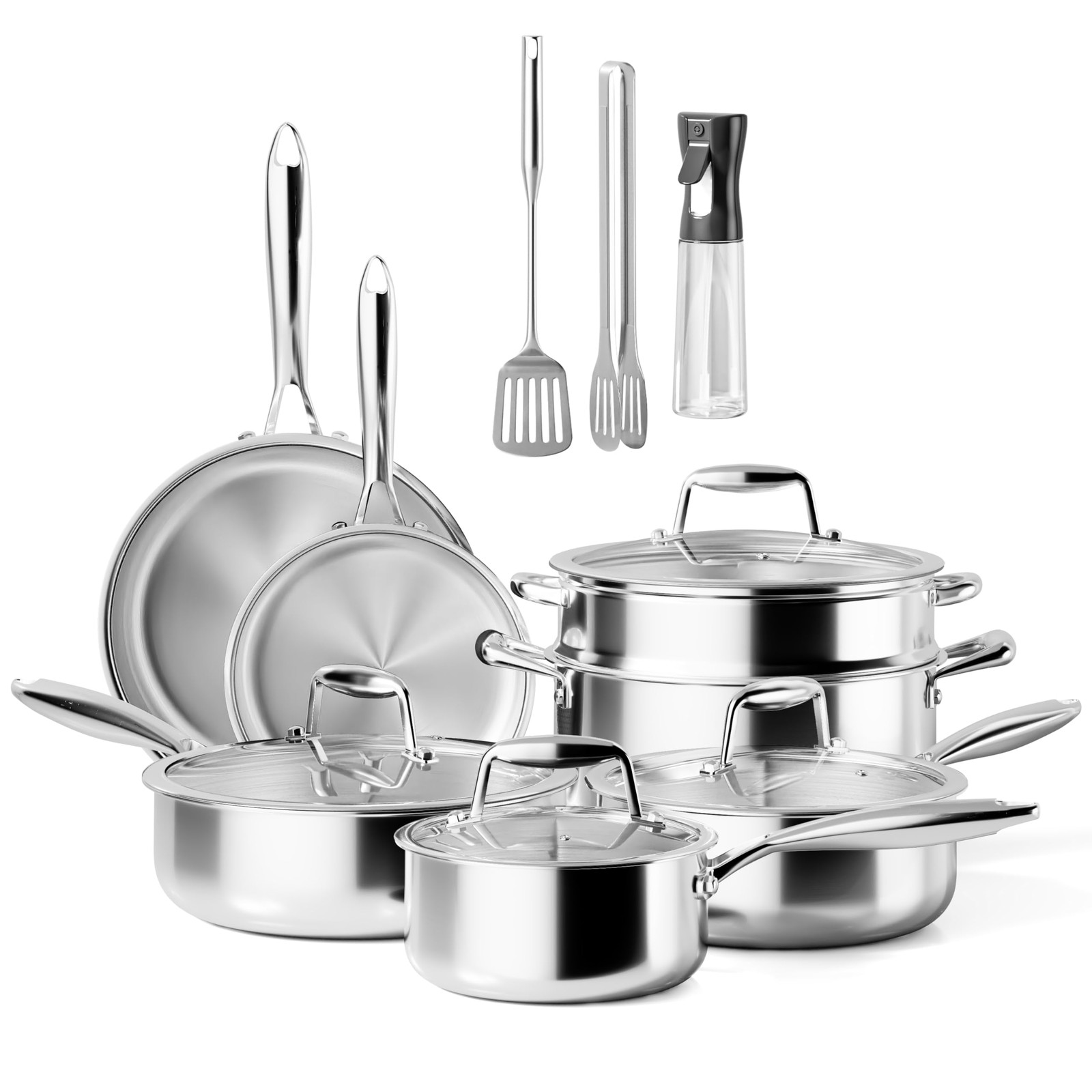 VONIKI Tri-Ply Stainless Steel Cookware Set with Stay-Cool Handles