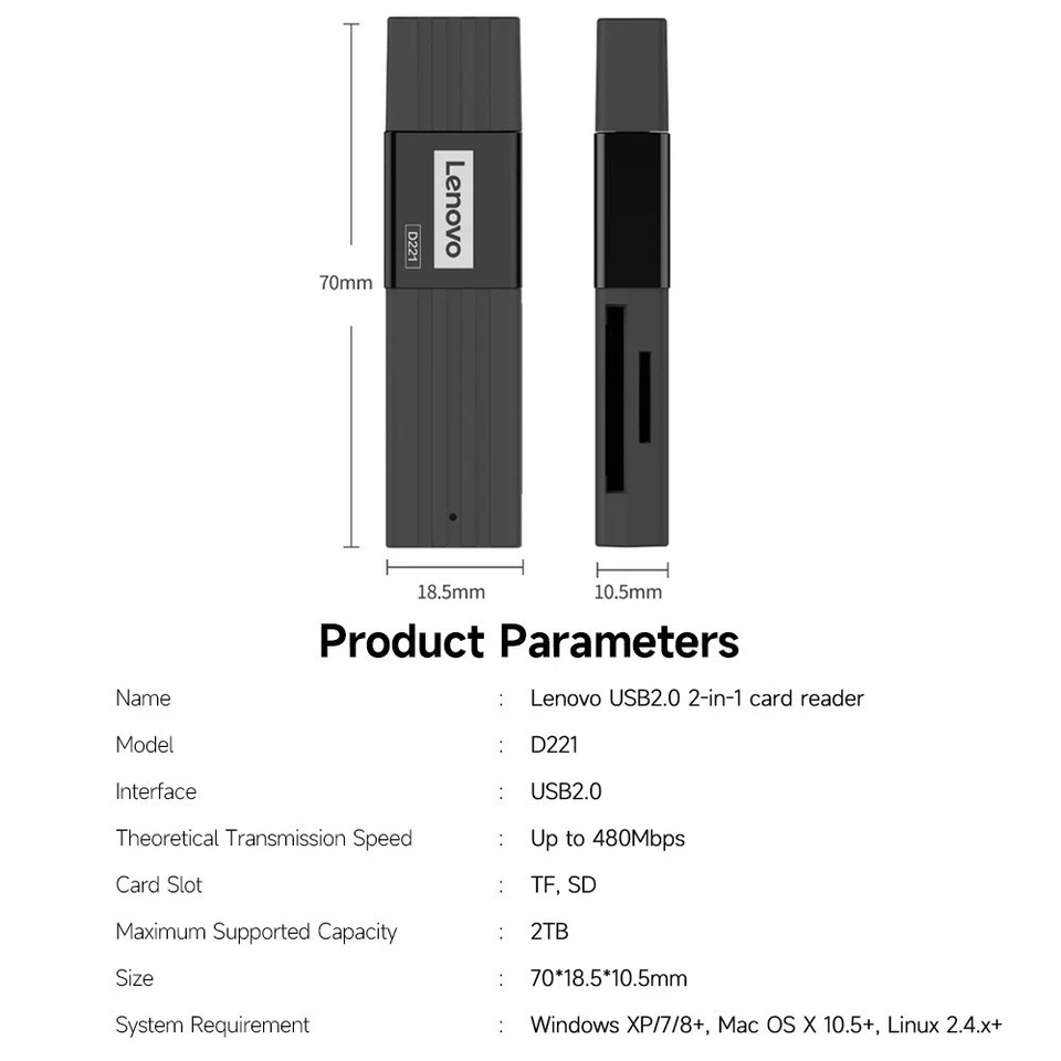 Original Lenovo D221 USB2.0 SD TF 2-in-1 Portable Card Reader For PC/Laptop/OTG - Image 4 of 4
