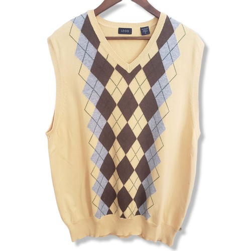 Izod Men's 1980s Argyle Yellow Pullover 