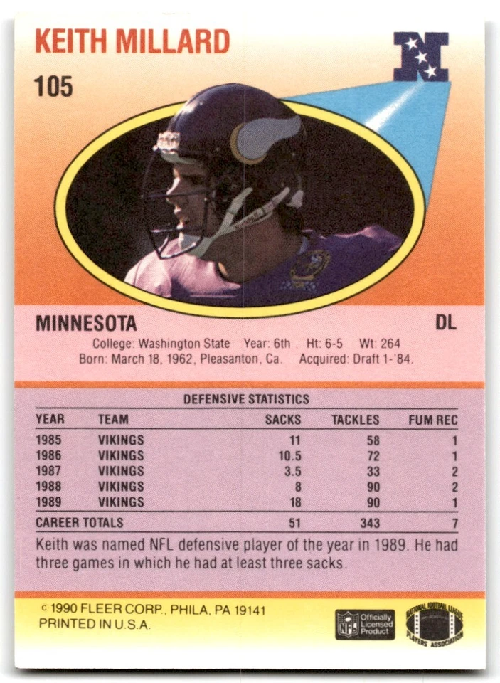 1990 Fleer Keith Millard Minnesota Vikings #105 - Image 2 of 2