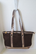 Women's Purse Handbag Faux Brown Suede  Metallic Bronze Trim Vintage
