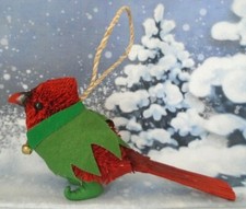 Natural Fiber Red Cardinal Bird Dressed As An Elf Christmas Ornament