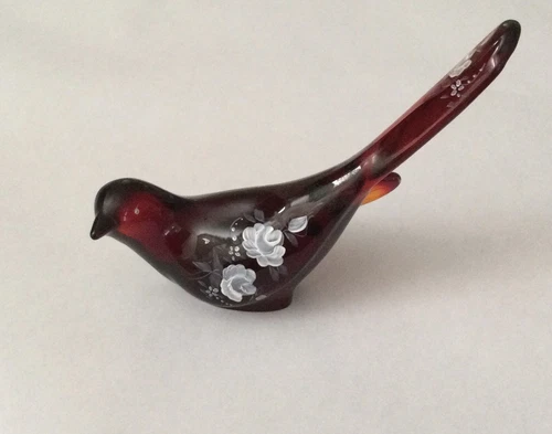 Fenton Ruby Red Glass Bird-Hand Painted White Roses By Mason