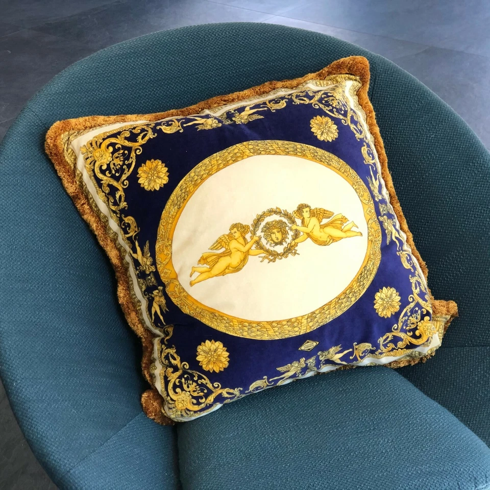 GIANNI VERSACE velvet fringed pillow Baroque Canova's Angels w/ Medusa print 25” - Image 4 of 4