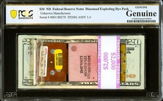 Disarmed $20 Dye Pack of 100 Notes PCGS Encapsulated Exploding Bank Pack Rare