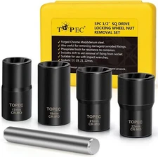 Topec 5PCS Lug Nut Extractor Set, 1/2-Inch Drive Wheel Lock Removal Kit, 17-2...