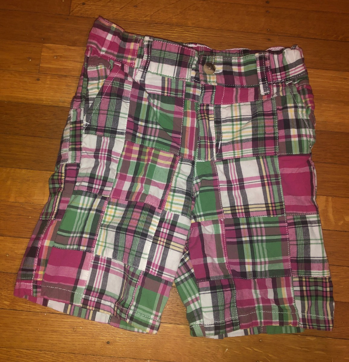 JANIE and JACK Boy's Pink Green Plaid Shorts Casual Adjustable