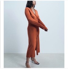 Zara Button Down Knit Bandage Belted Midi Shirt Dress Size Medium Autumn Orange