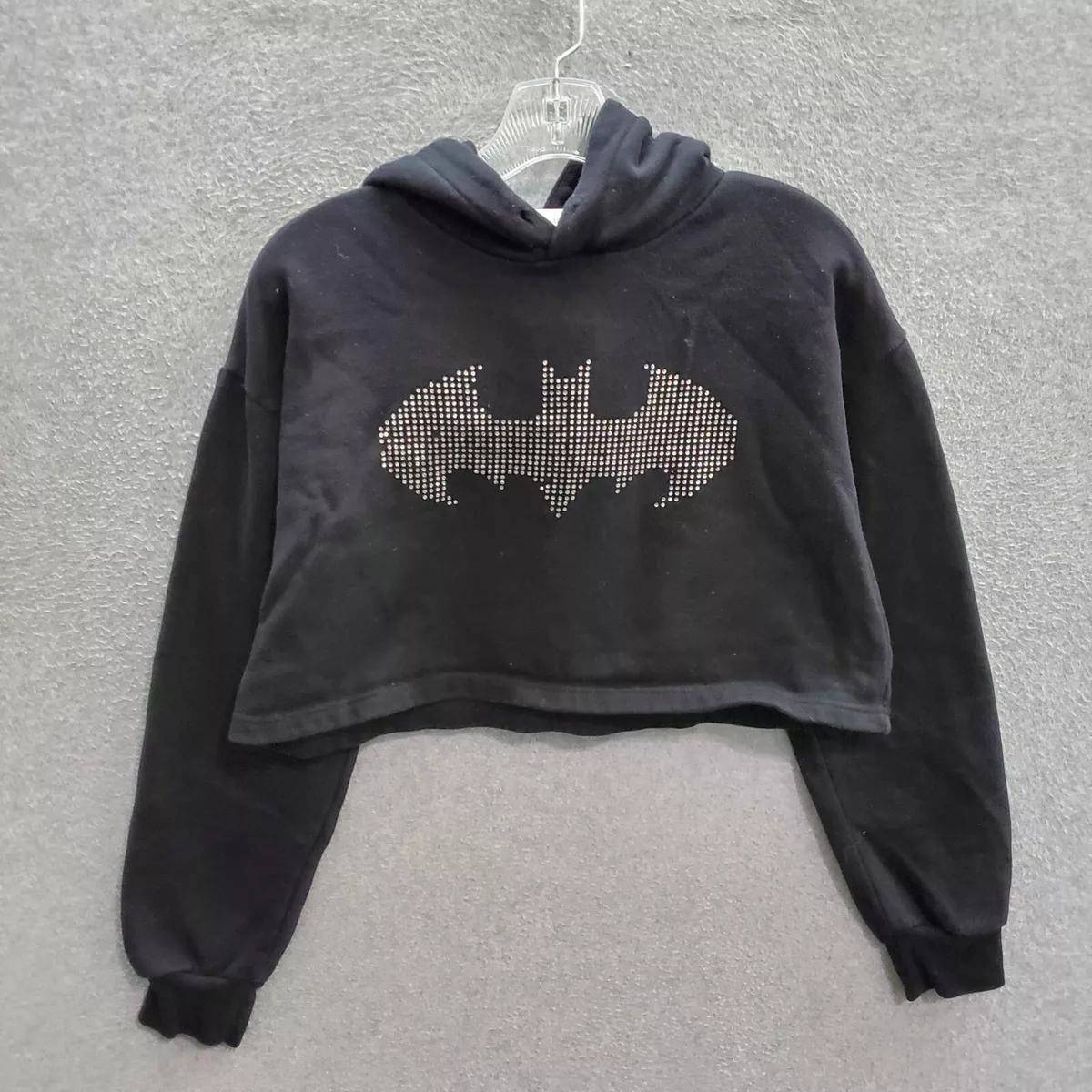 Forever 21 Women Sweatshirt Small Black Hoodie Cropped Batman Rhinestones  READ