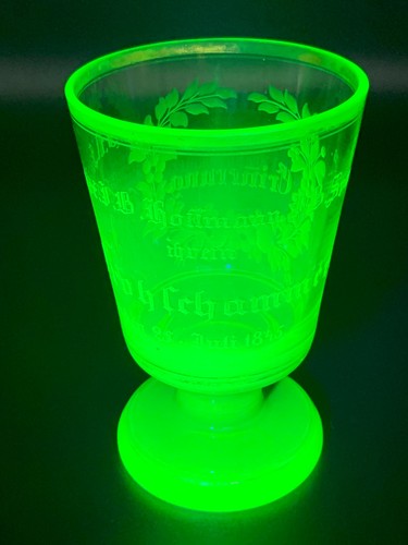 Antique Biedermeier Bohemian Uranium Vaseline Etched Glass Goblet Vase 1845