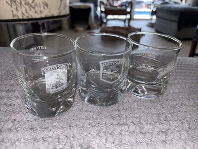 VTG Cutty Sark Scots Whiskey Lowball Glasses Dimpled Heavy Base Etched Set of 3