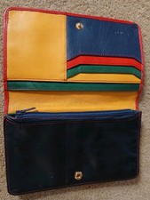 Tula Multi-Colored & Black Leather Zip Coin Purse  Bi Fold Wallet Card Slot 