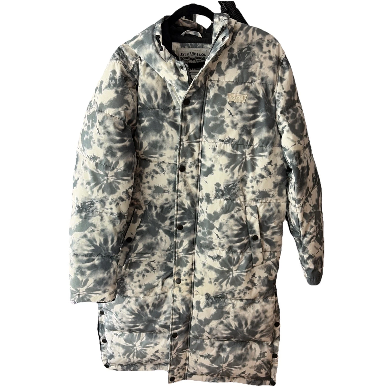 Levi's Mens Small Grey/White Tie Dye Ultra Soft Puffer Long Coat Jacket - Nice+