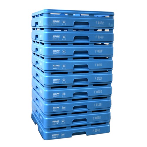 (Lot of 9) Ecolab 6324-X Blue 4-Compartment NSF Stacking Glass Washing Rack