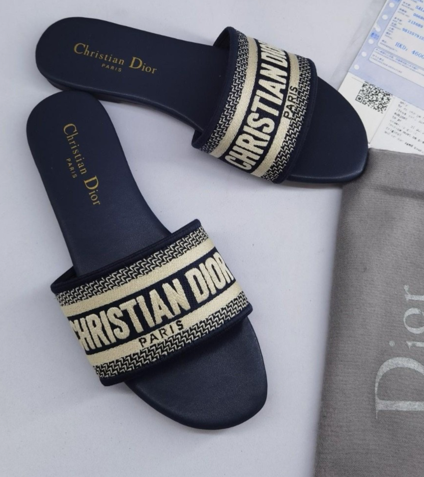 Christian Dior Logo Embroidere Slide Sandals Black Beige Women's EU 38~~~US 8