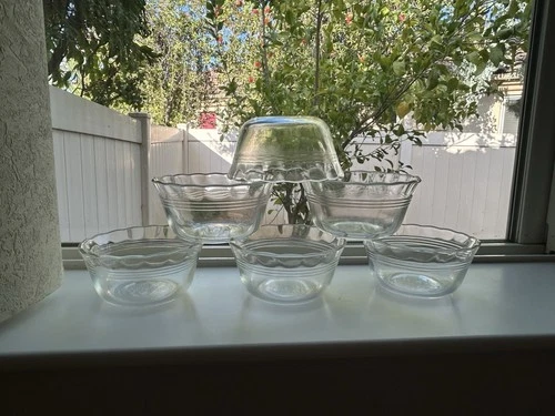6 Pyrex 463 Custard Cup Ramekin Dish Bowls 3-Ring Scalloped 6 oz Set Vtg USA EX