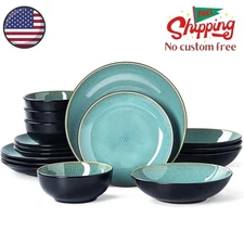 Plates and Bowls Sets for 4 - 16-Piece Stoneware Dinnerware Sets, Ceramic