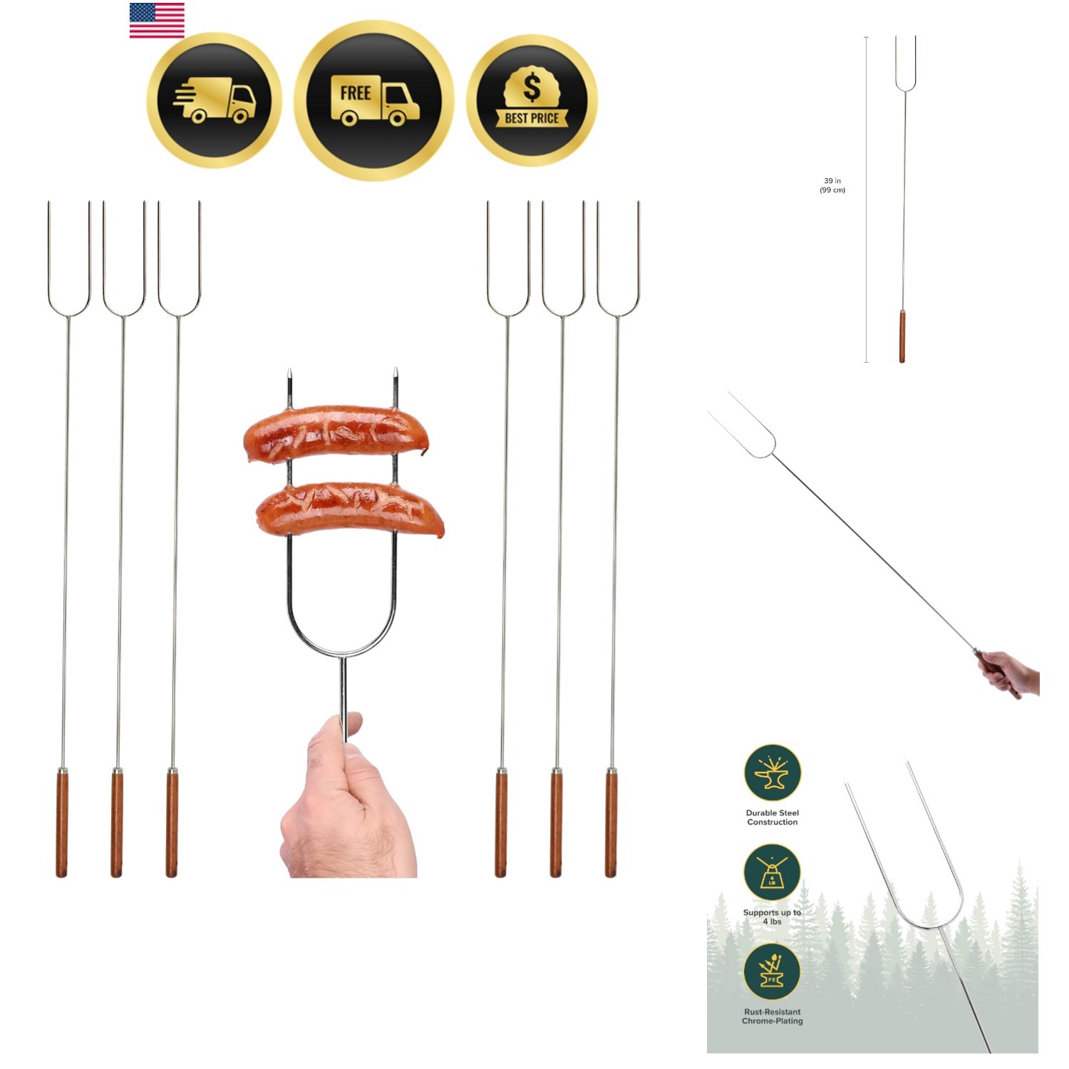 Camp Forks 6-Pack – 40" Solid Steel, Marshmallow Sticks with Wooden Handles |...