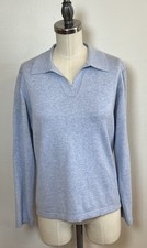 Tommy Hilfiger Women  s Sweater L Cloud Blue Heather Collared Cotton Pullover