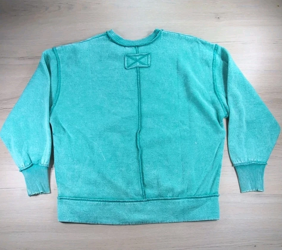 Zenana Acid Wash Fleece Sweatshirt Teal Green Exposed Seams Size Medium - Image 2 of 4