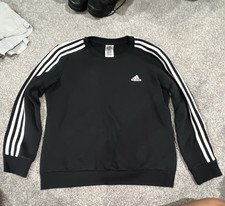 adidas Men's Black/White 3-Stripe Logo Crewneck Fleece Pullover Sweatshirt L
