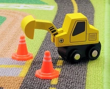 Wooden Railway Train Construction Backhoe w/ 2 Cones Thomas Brio Compatable Wood