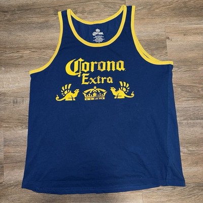 Corona Extra Shirt Tank Mens L Dark Blue Yellow Graphic Logo Sleeveless Cold One