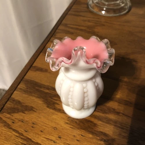 Vintage Fenton Peach Blow Ruffled Silver Crest Beaded Vase 4.25"